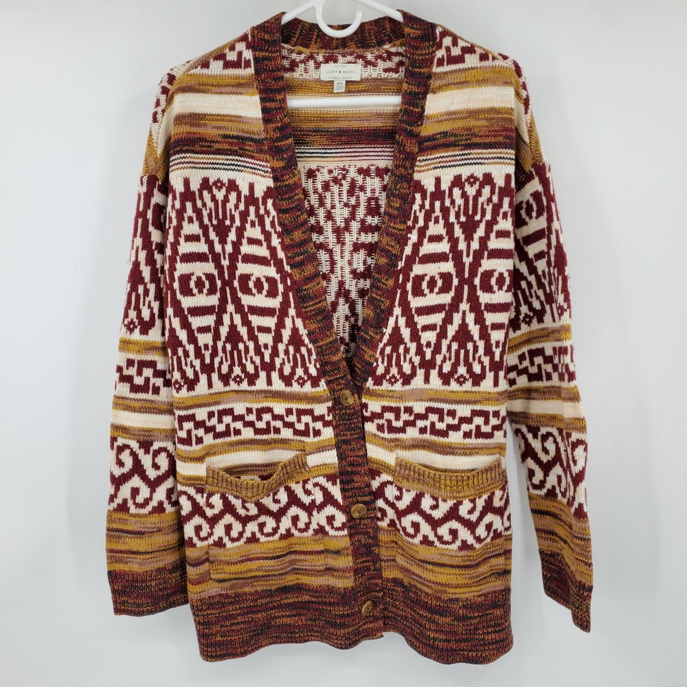 Lucky Brand Southwestern Aztec Western Geometric Button Front Cardigan Sweater M